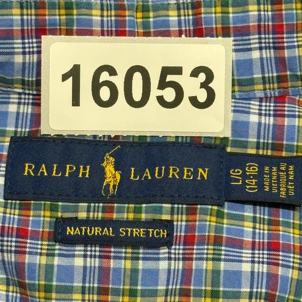 Ralph Lauren Shirt Boys Large 14-16 Blue Green Colorful Plaid Button Down Preppy
